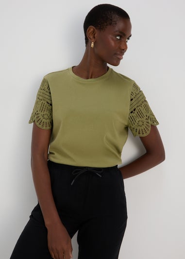 Khaki Crochet Sleeve T-Shirt
