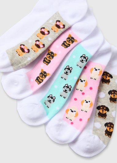5 Pack White Dog Print Footbed Socks