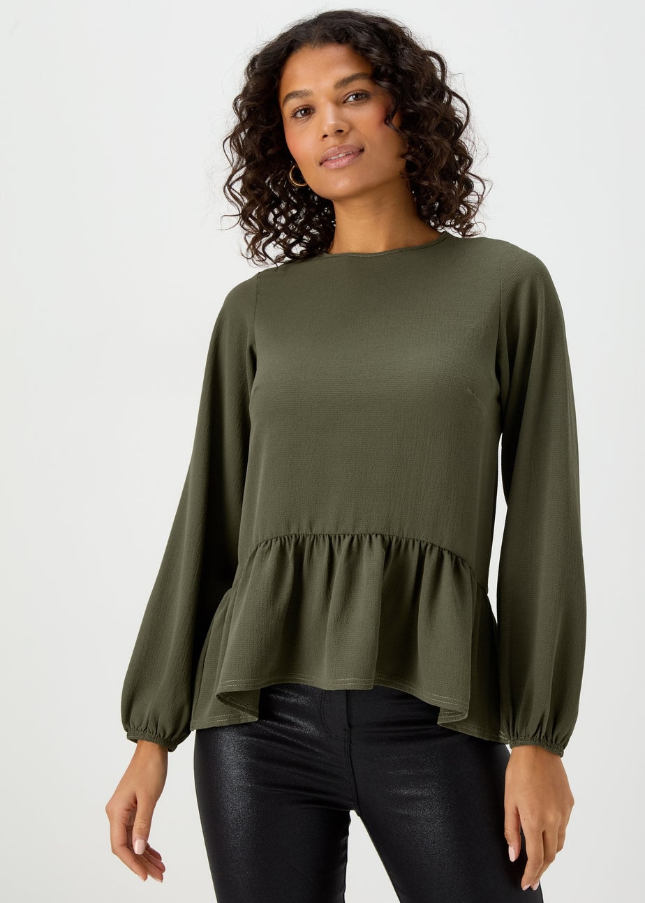 Khaki Peplum Long Sleeve Blouse