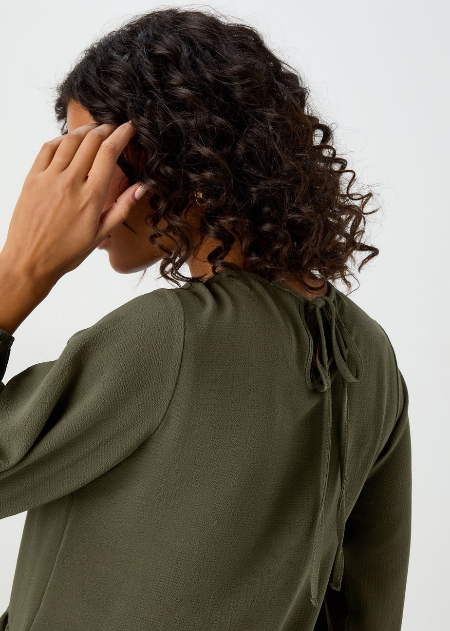 Khaki Peplum Long Sleeve Blouse