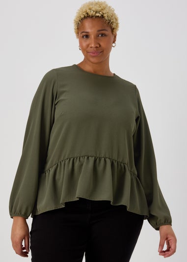 Khaki Peplum Long Sleeve Blouse