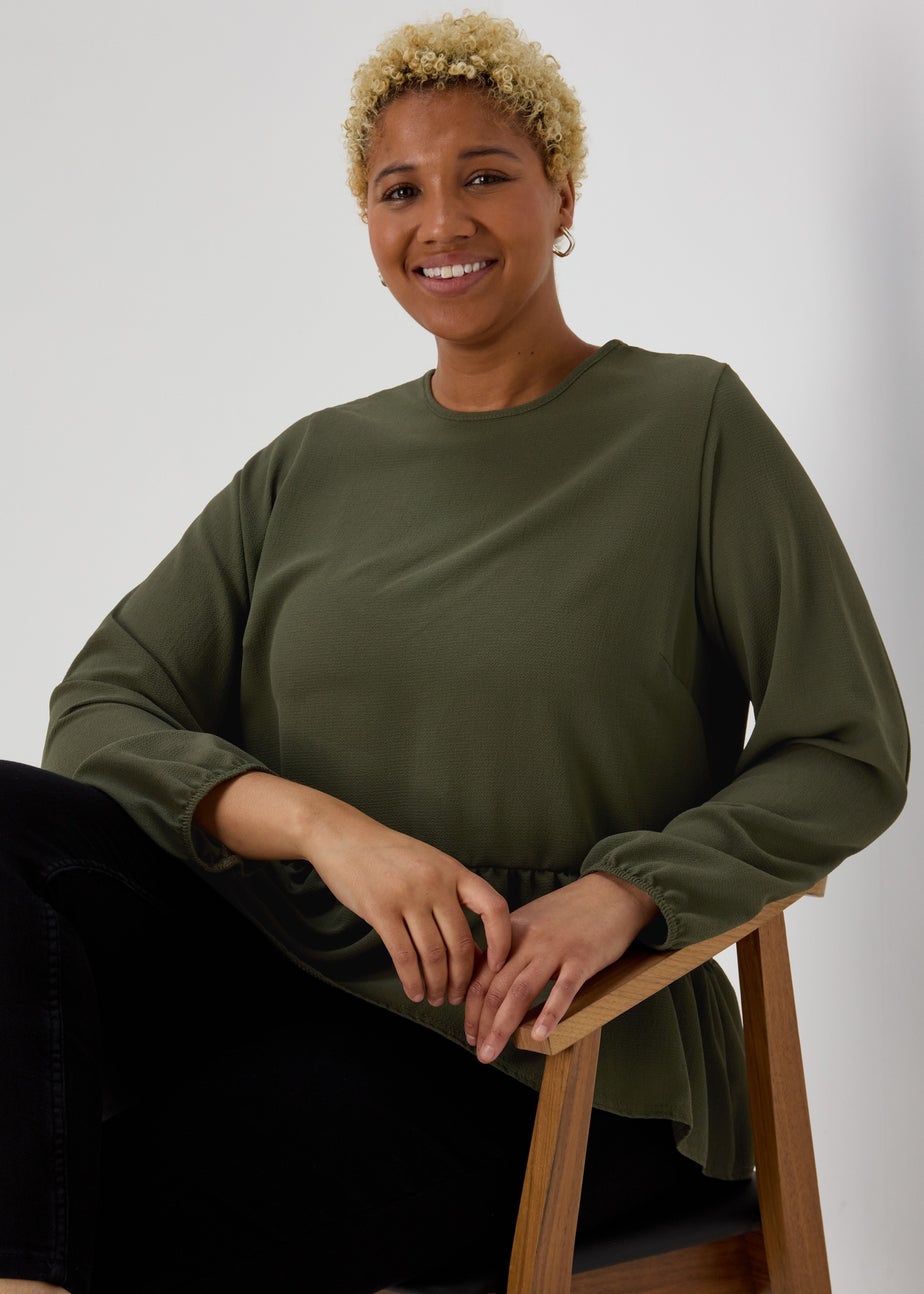 Khaki Peplum Long Sleeve Blouse