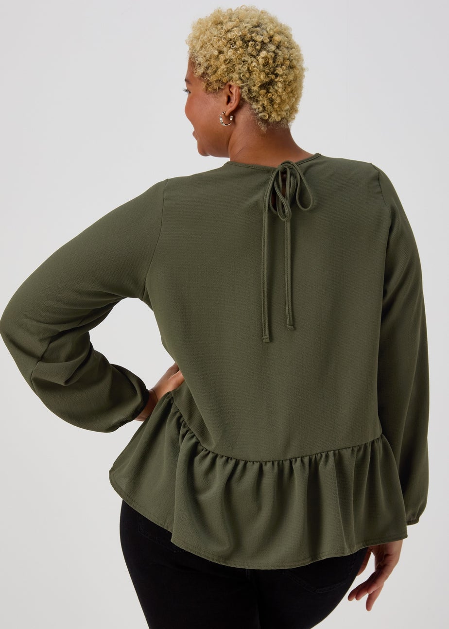 Khaki Peplum Long Sleeve Blouse