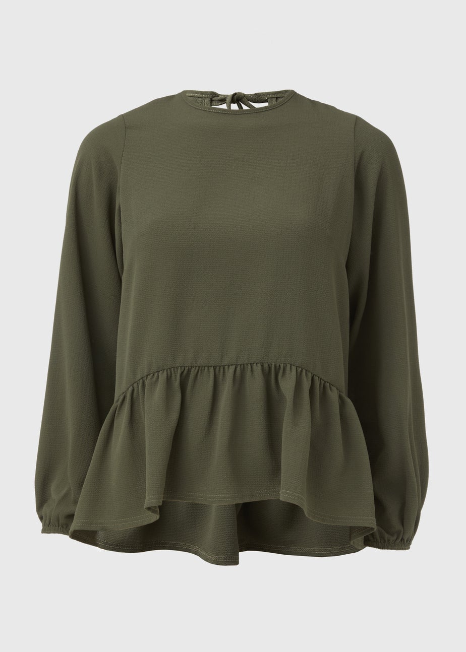 Khaki Peplum Long Sleeve Blouse