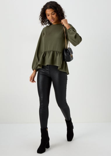 Khaki Peplum Long Sleeve Blouse