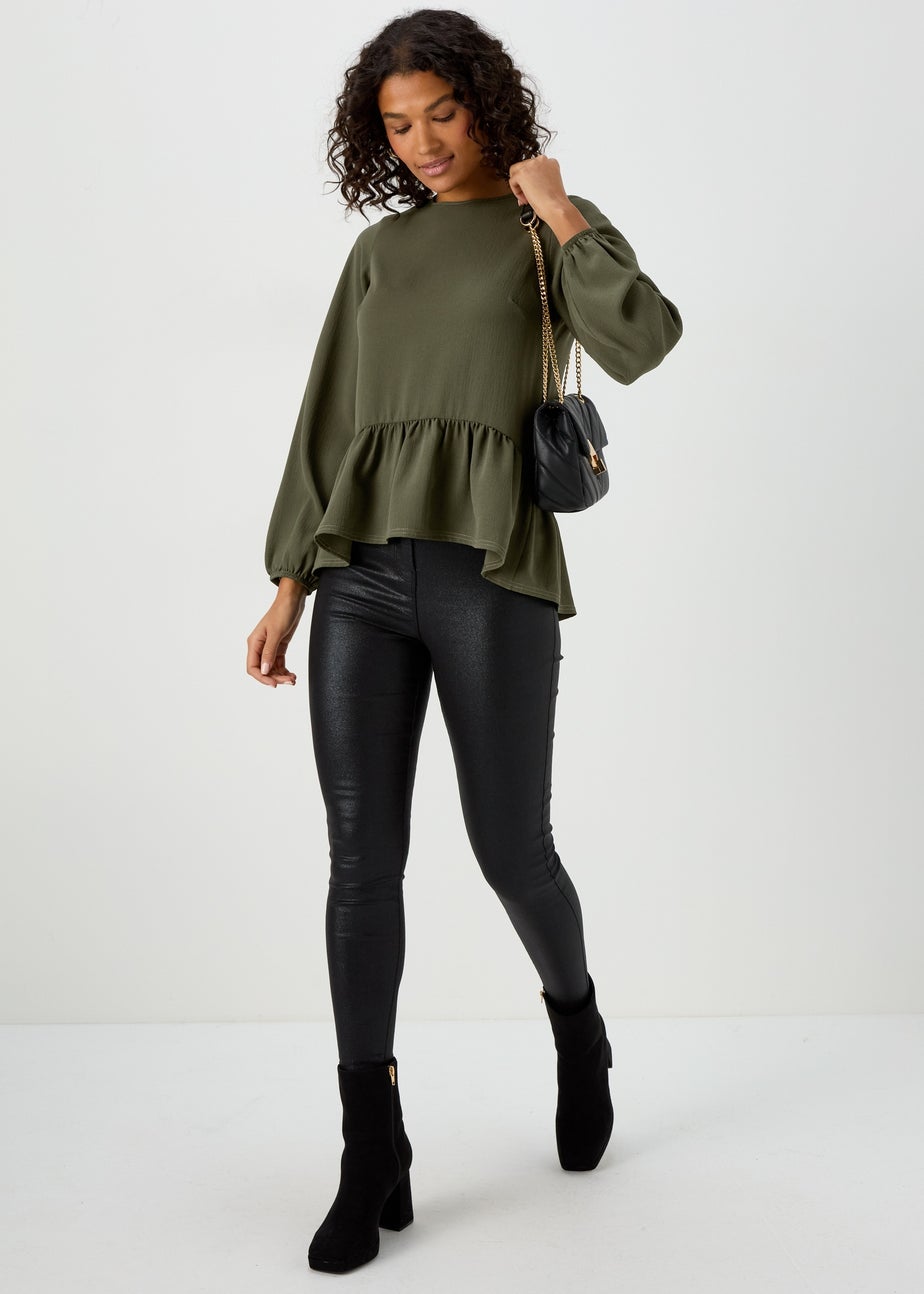 Khaki Peplum Long Sleeve Blouse