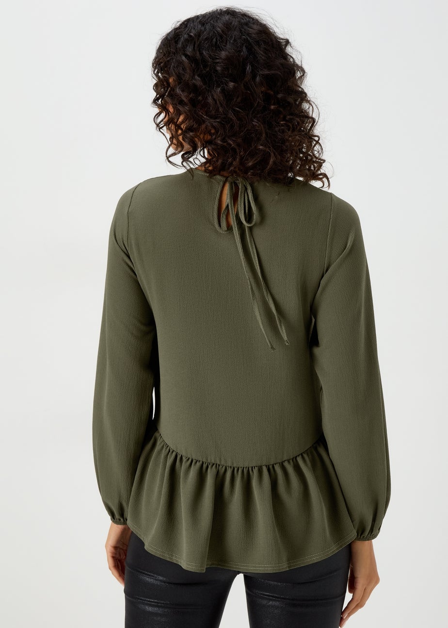 Khaki Peplum Long Sleeve Blouse