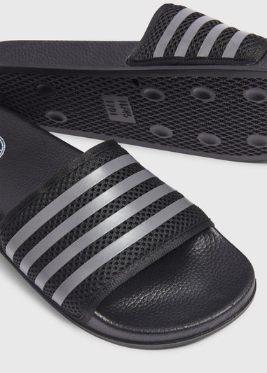 Black Mesh Stripe Comfort Sliders