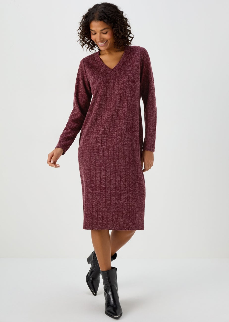 Burgundy V Neck Ribbed Midi Dress