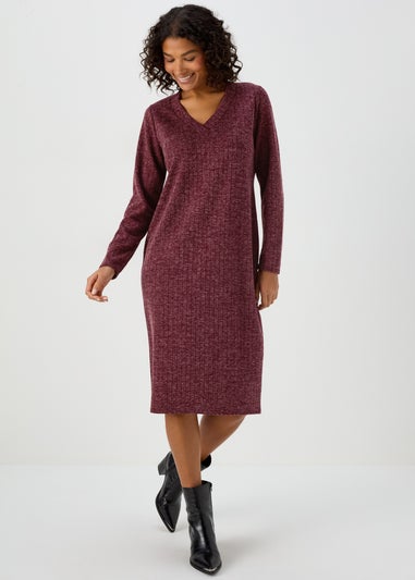 Burgundy V Neck Ribbed Midi Dress
