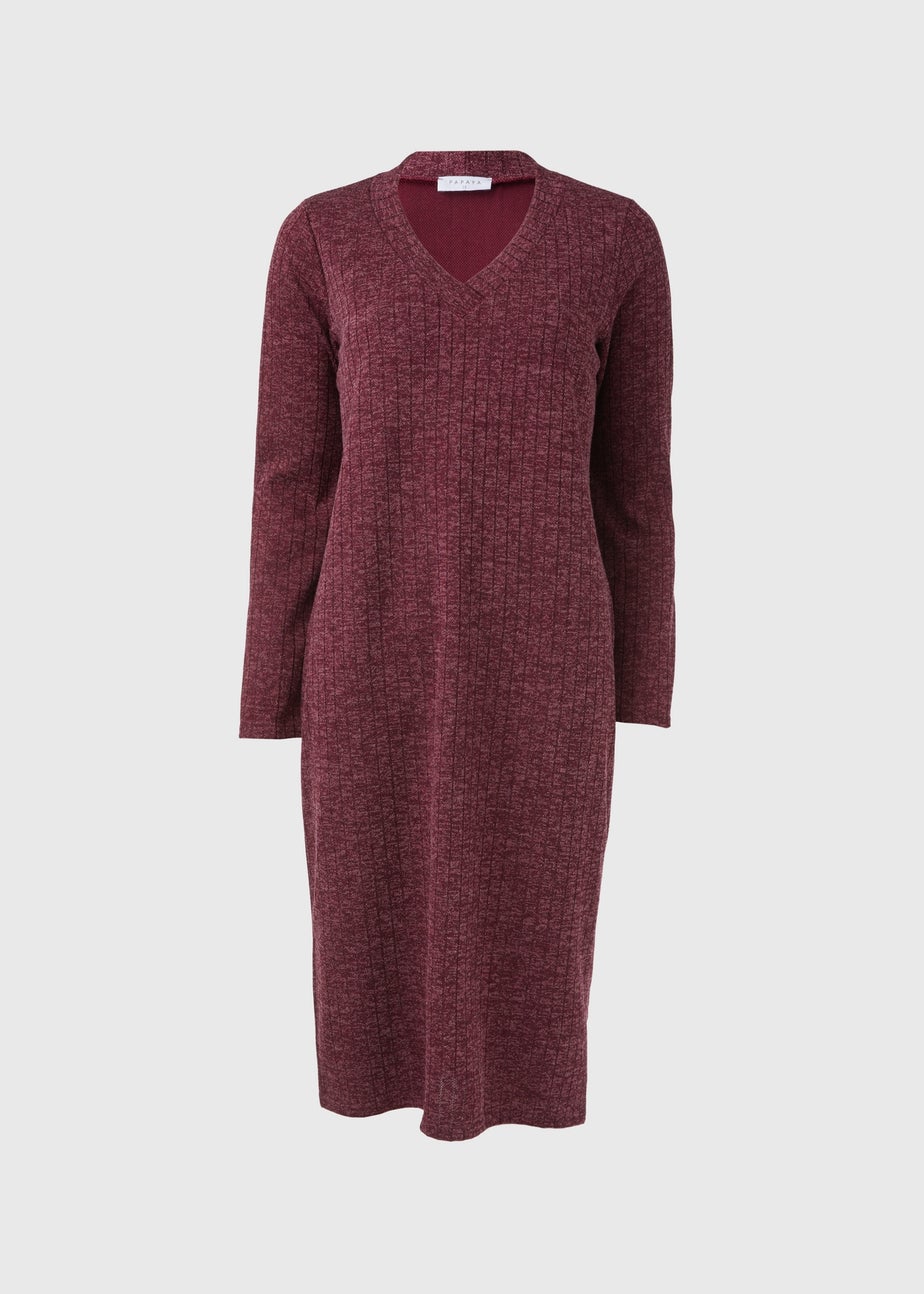 Burgundy V Neck Ribbed Midi Dress