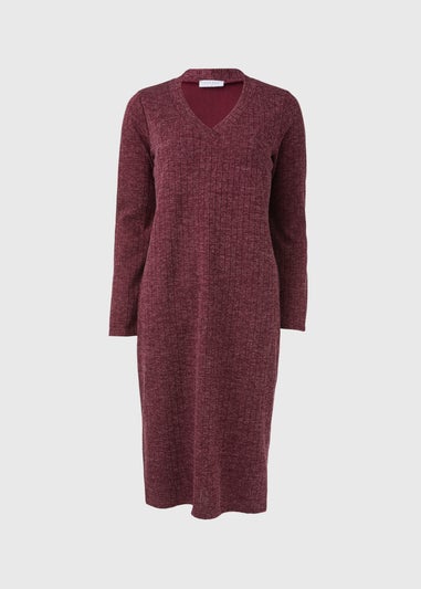 Burgundy V Neck Ribbed Midi Dress
