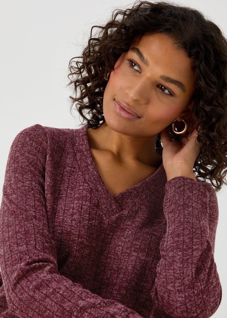 Burgundy V Neck Ribbed Midi Dress