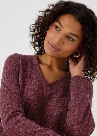 Burgundy V Neck Ribbed Midi Dress