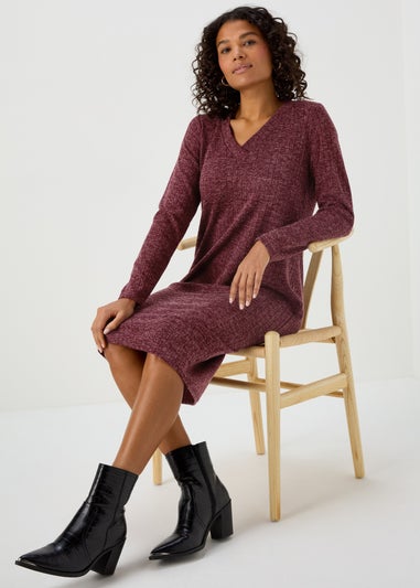 Burgundy V Neck Ribbed Midi Dress