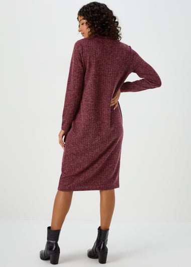 Burgundy V Neck Ribbed Midi Dress