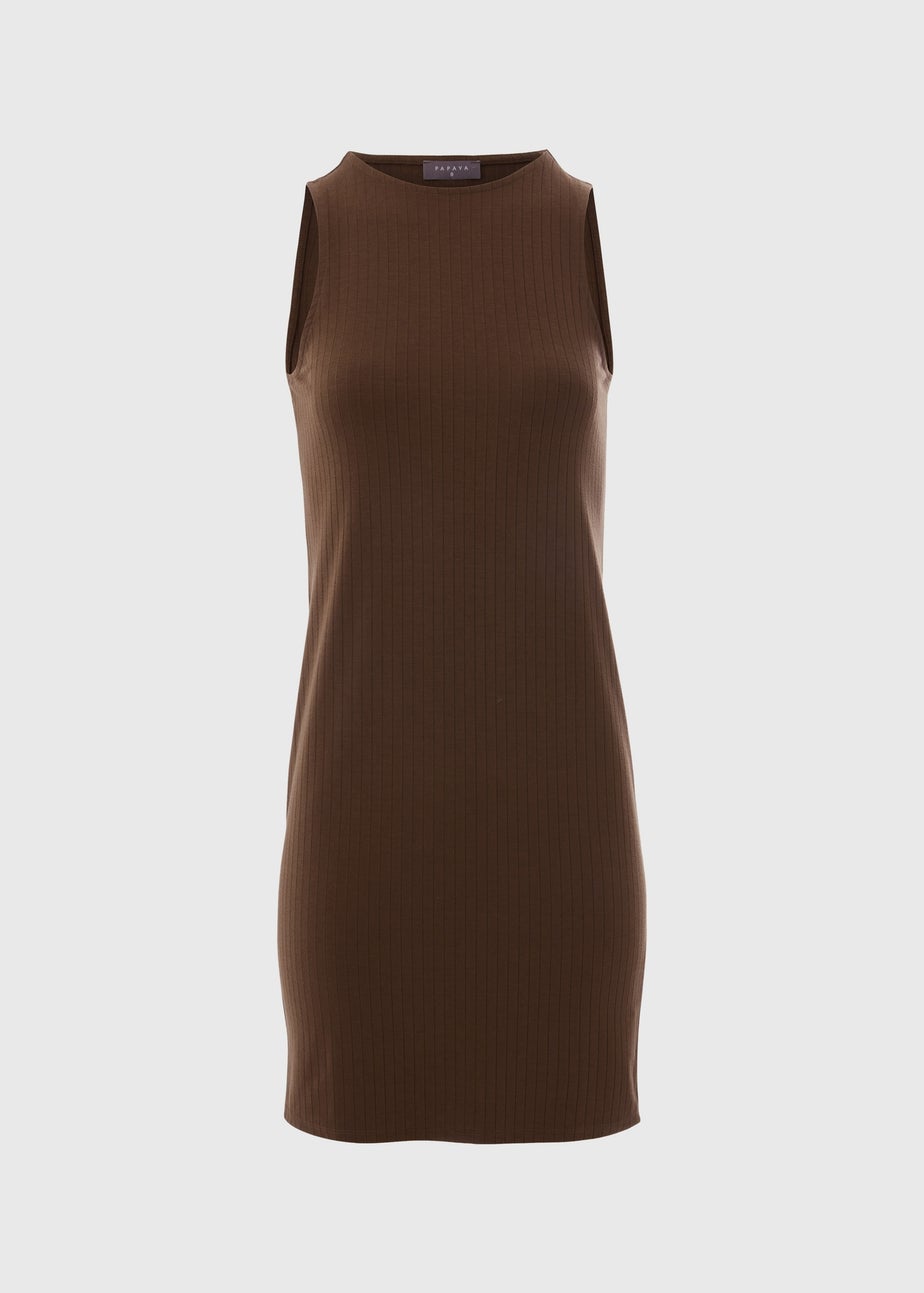 Brown Racer Ribbed Mini Dress
