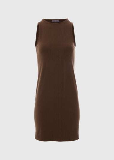 Brown Racer Ribbed Mini Dress