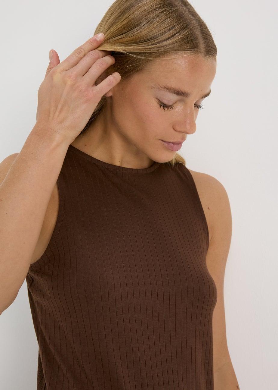 Brown Racer Ribbed Mini Dress