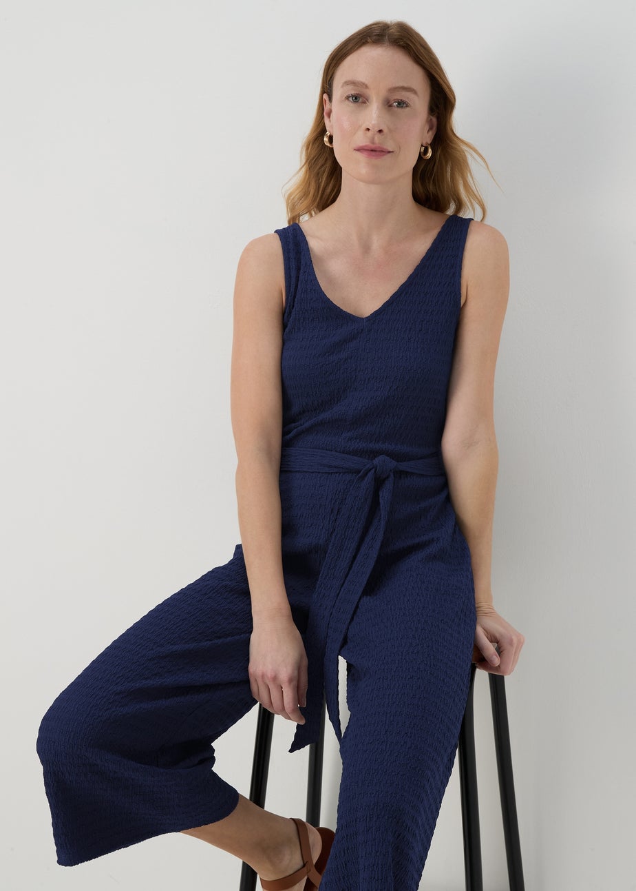 Navy V Neck Crinkle Jumpsuit