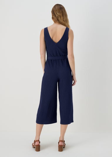 Navy V Neck Crinkle Jumpsuit