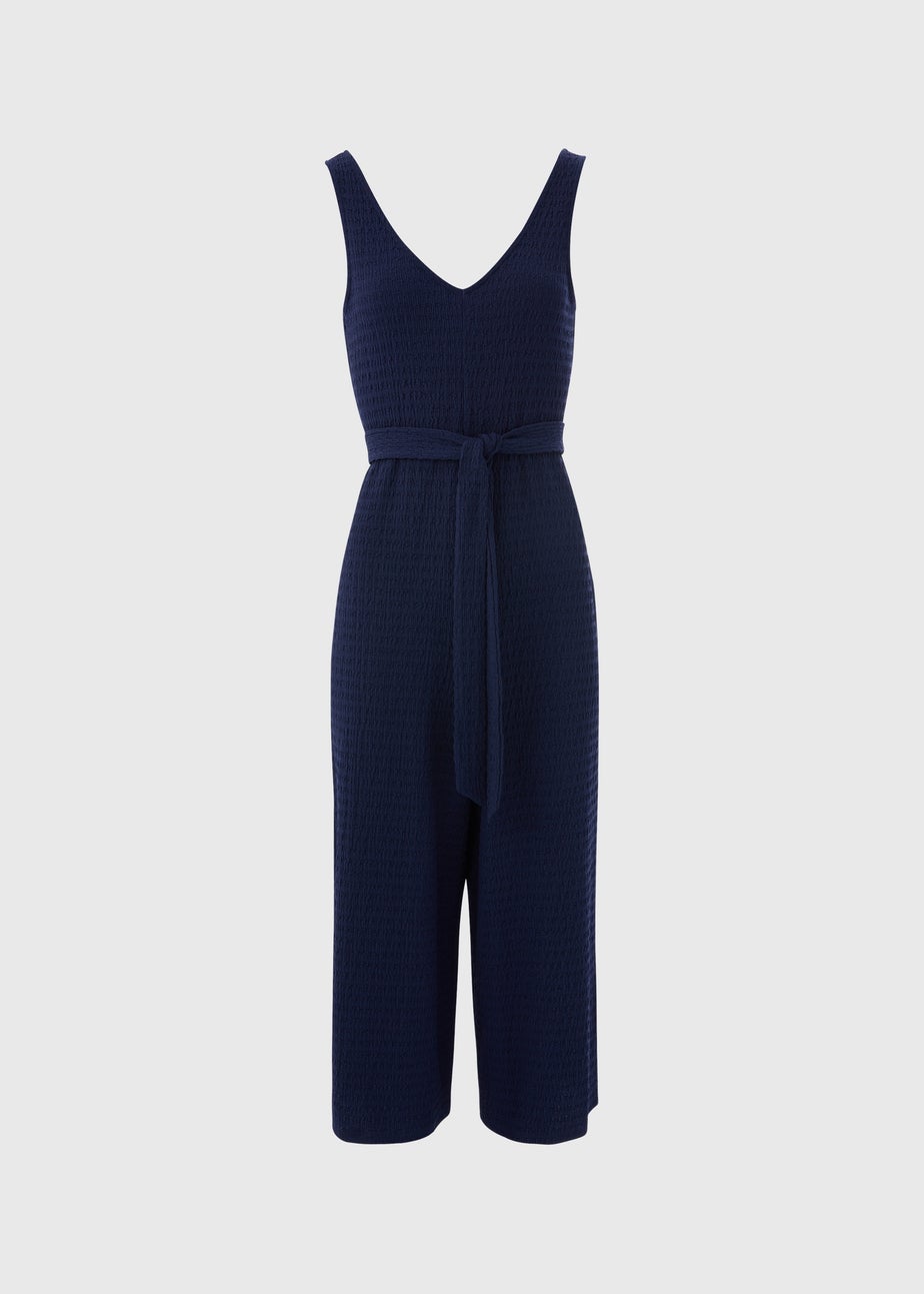 Navy V Neck Crinkle Jumpsuit