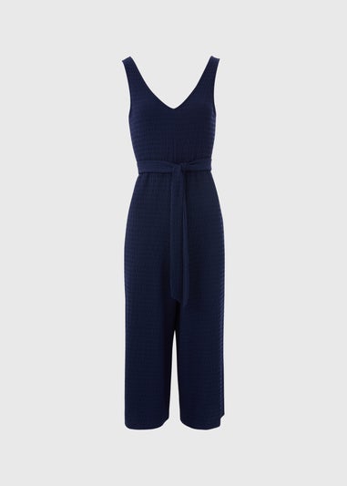 Navy V Neck Crinkle Jumpsuit