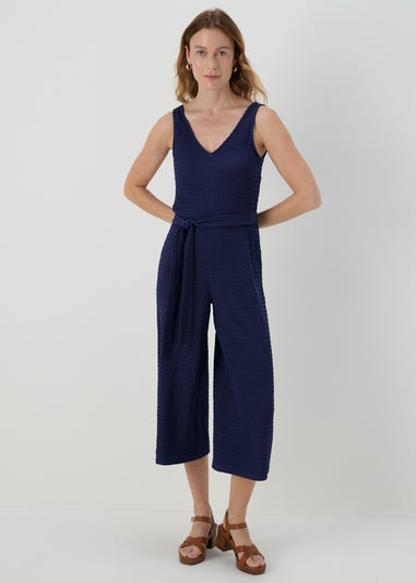 Navy V Neck Crinkle Jumpsuit