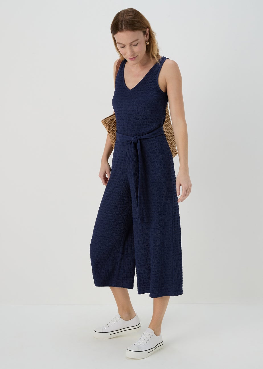 Navy V Neck Crinkle Jumpsuit