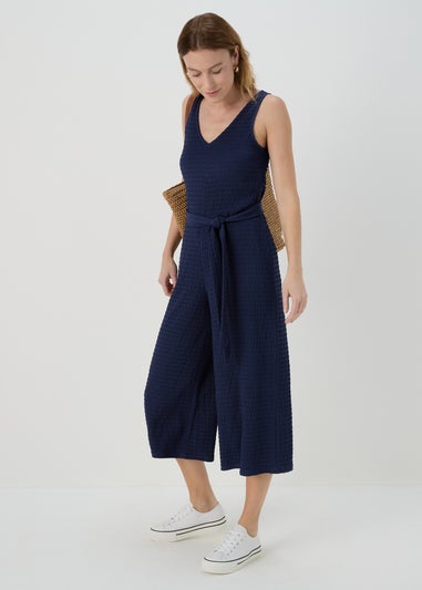 Navy V Neck Crinkle Jumpsuit