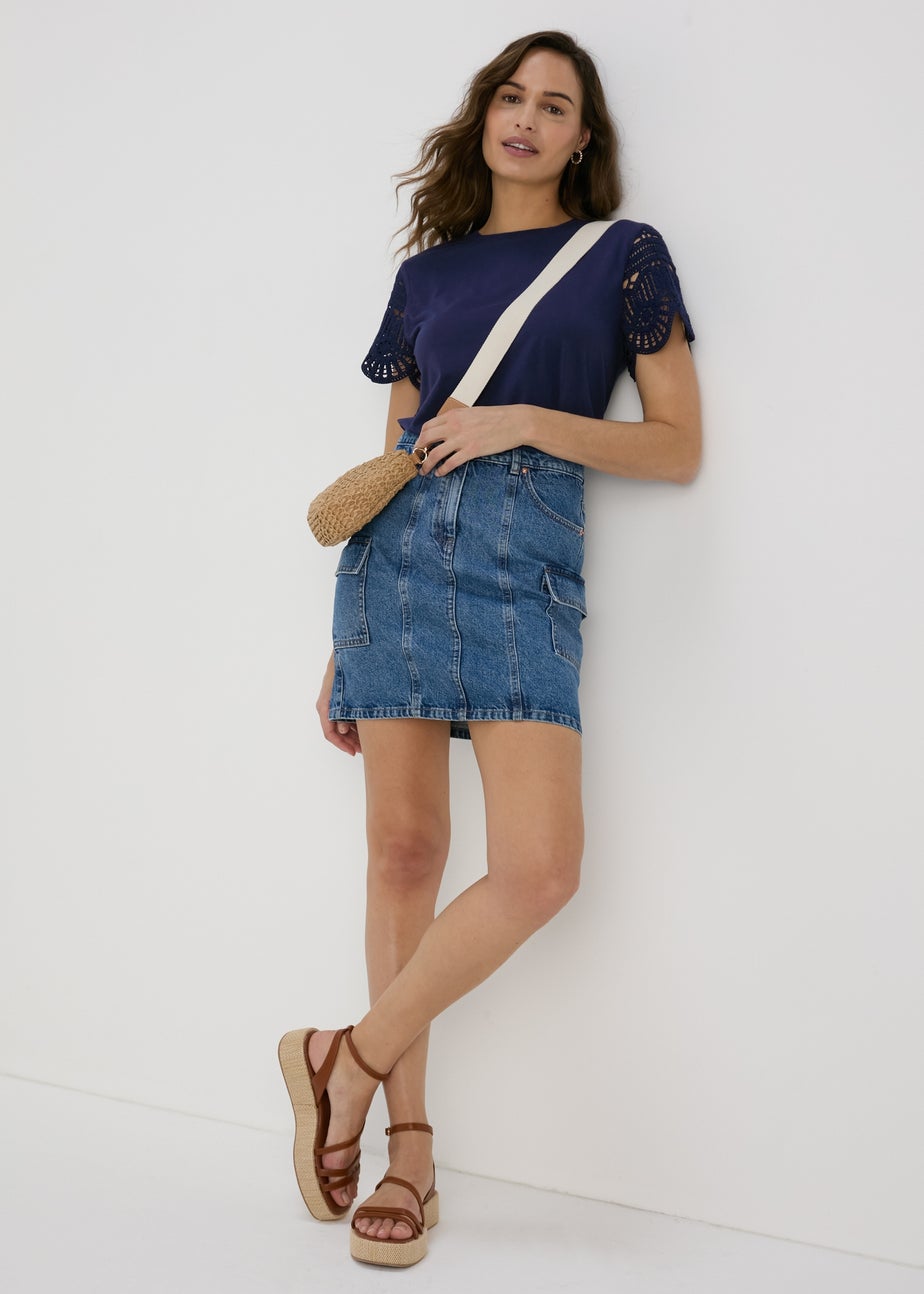 Navy Crochet Sleeve T-Shirt