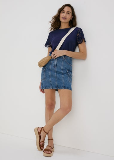 Navy Crochet Sleeve T-Shirt