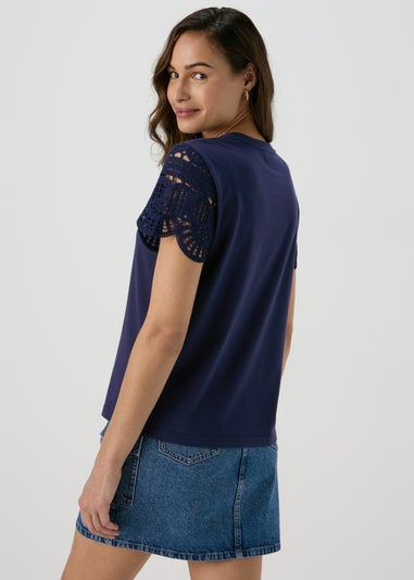 Navy Crochet Sleeve T-Shirt