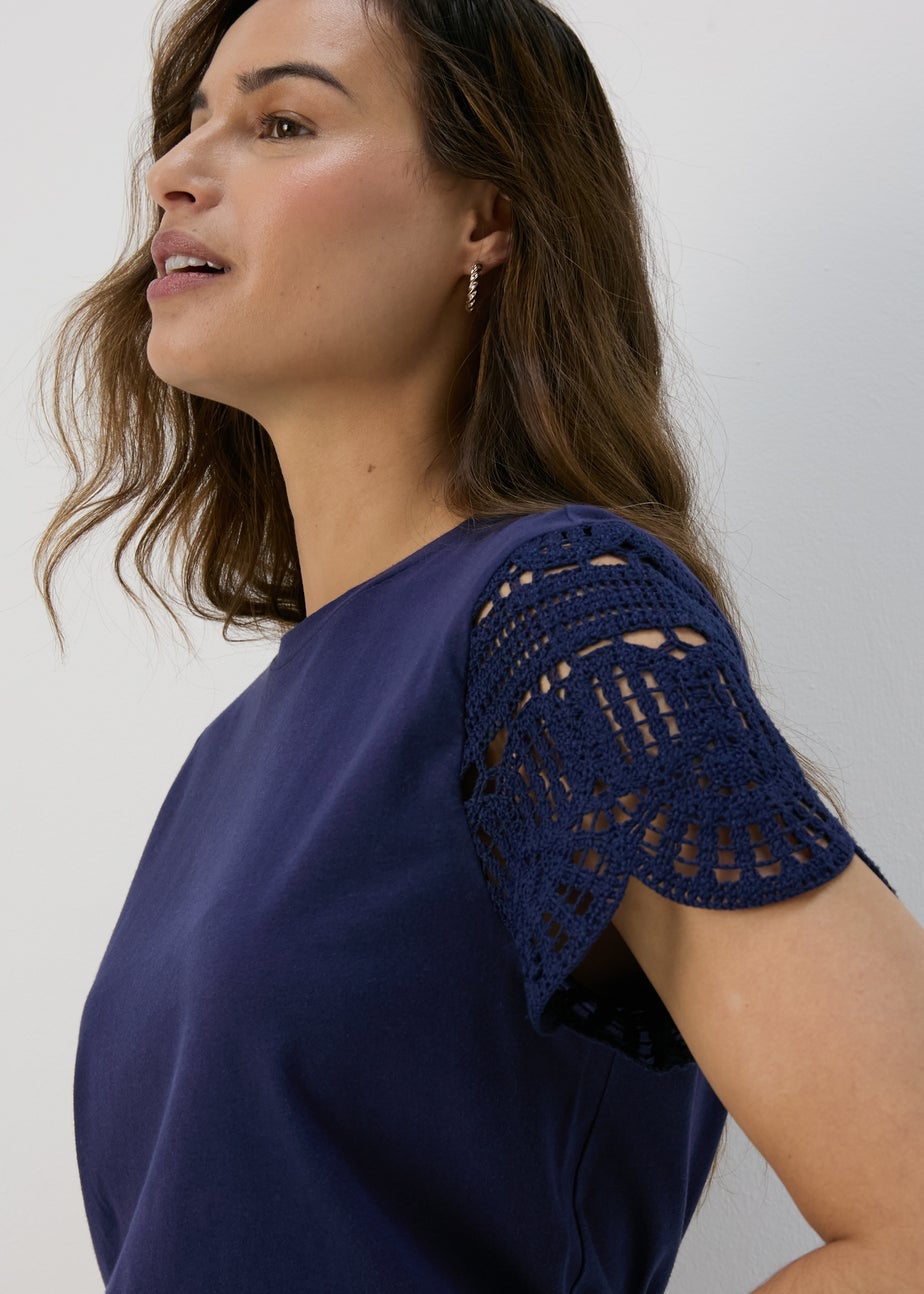 Navy Crochet Sleeve T-Shirt