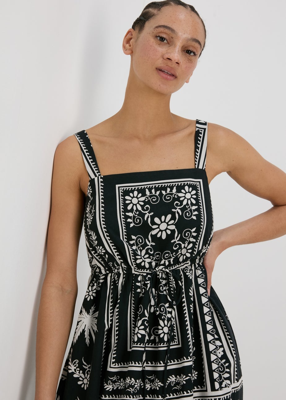 Black Floral Print Strappy Midi Dress