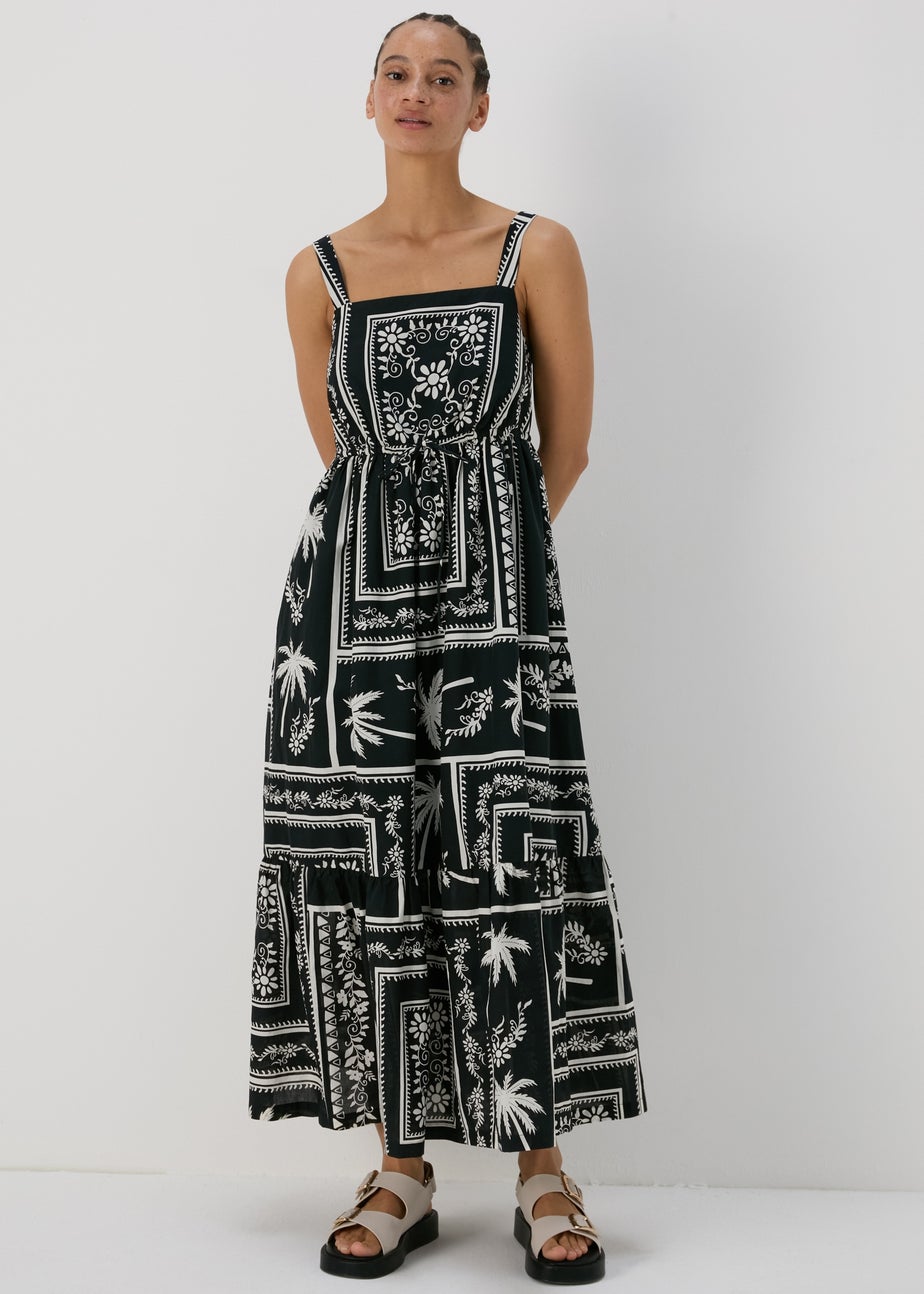 Black Floral Print Strappy Midi Dress