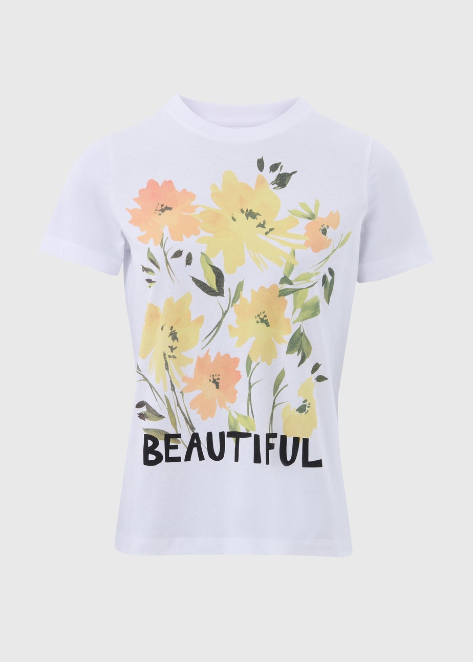 White Floral Print Slogan T-Shirt
