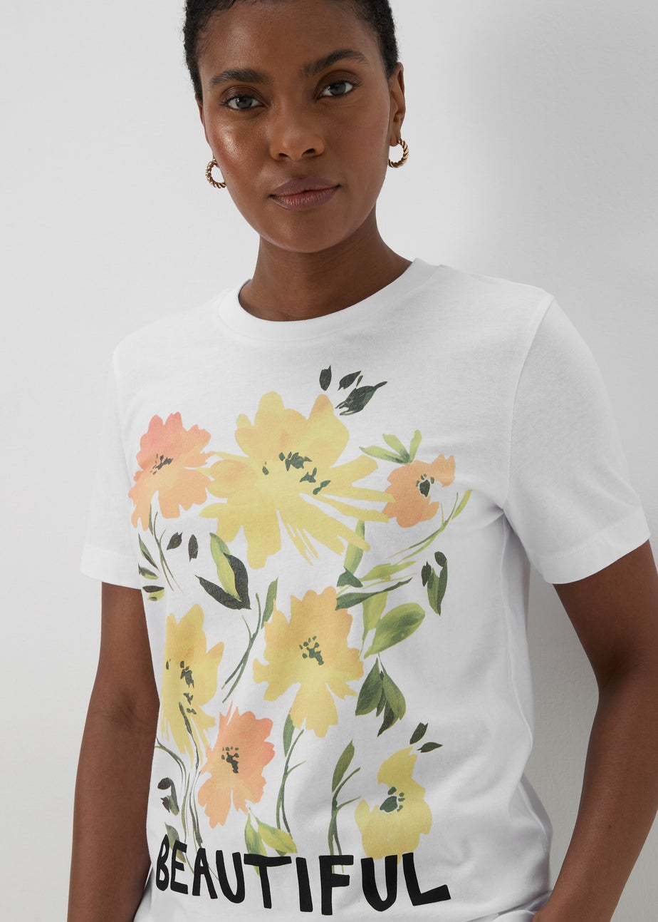 White Floral Print Slogan T-Shirt