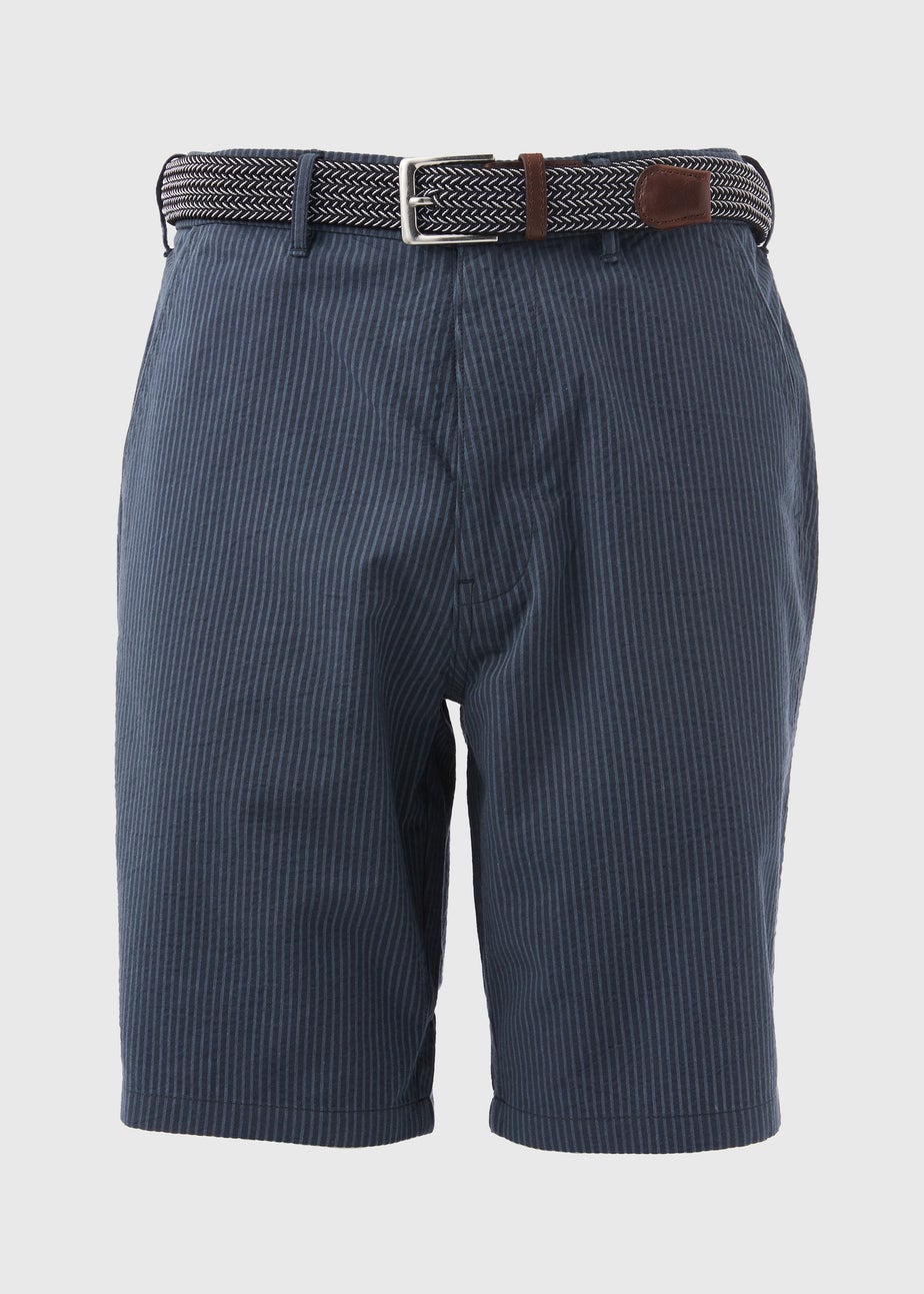 Navy Seersucker Belted Shorts