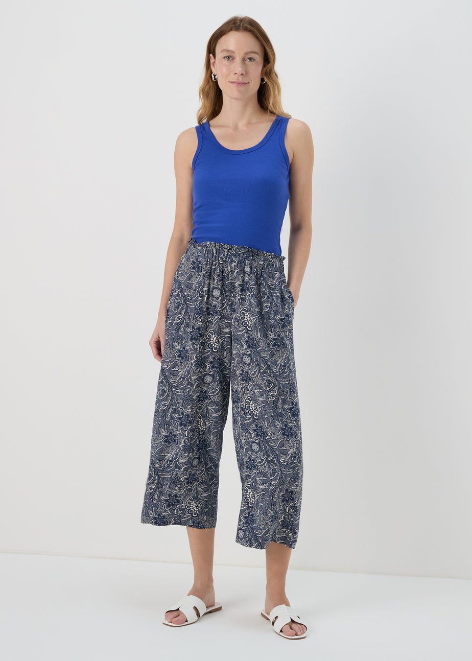 Blue Tile Print Wide Leg Viscose Trousers