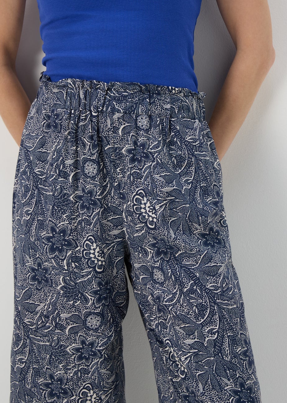 Blue Tile Print Wide Leg Viscose Trousers