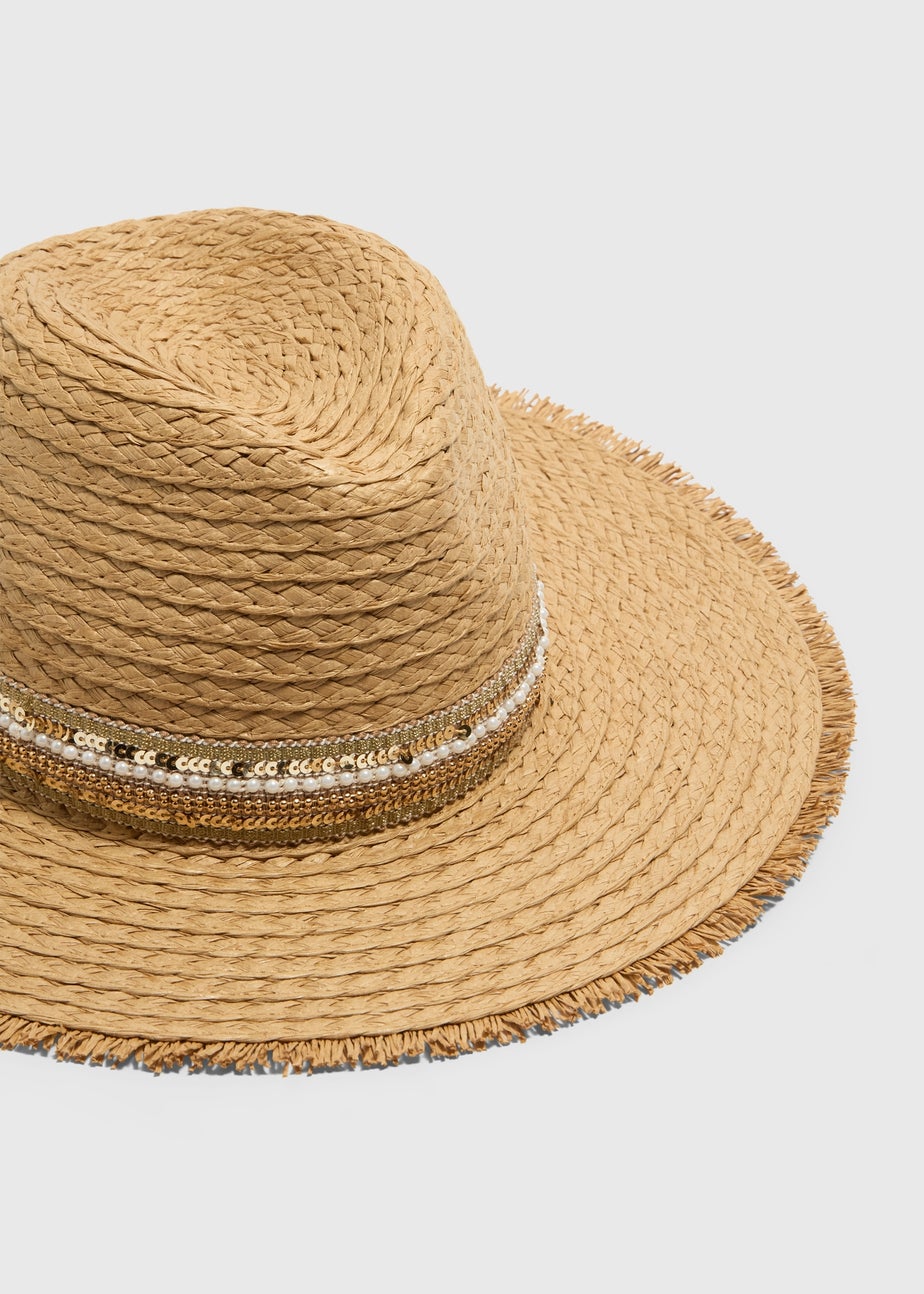 Natural Beaded Trilby Hat