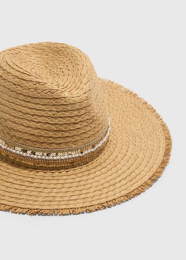 Natural Beaded Trilby Hat
