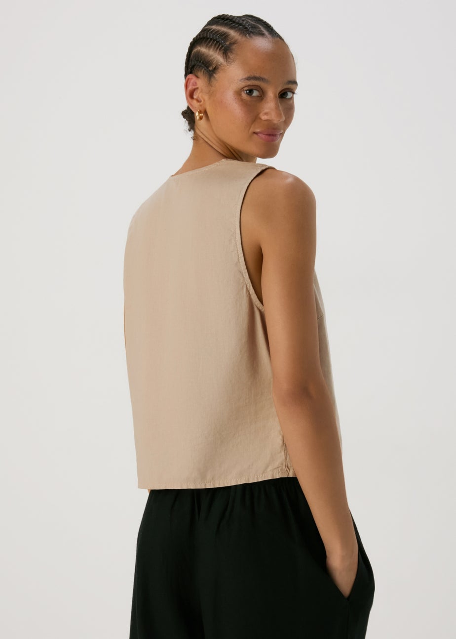 Taupe Solid Linen Button Vest