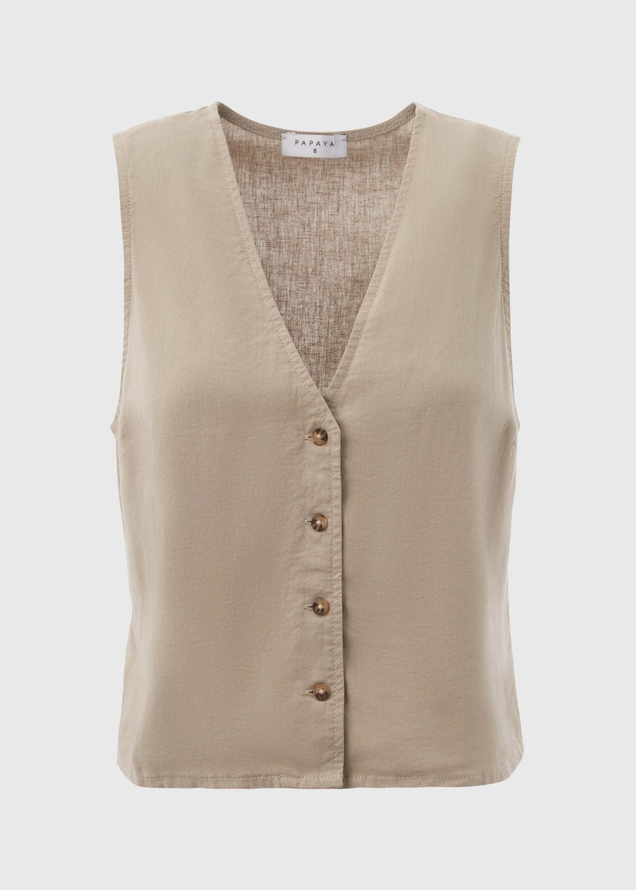 Taupe Solid Linen Button Vest