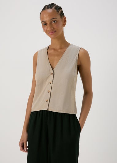 Taupe Solid Linen Button Vest