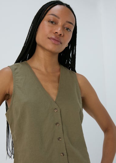 Khaki Solid Button Vest
