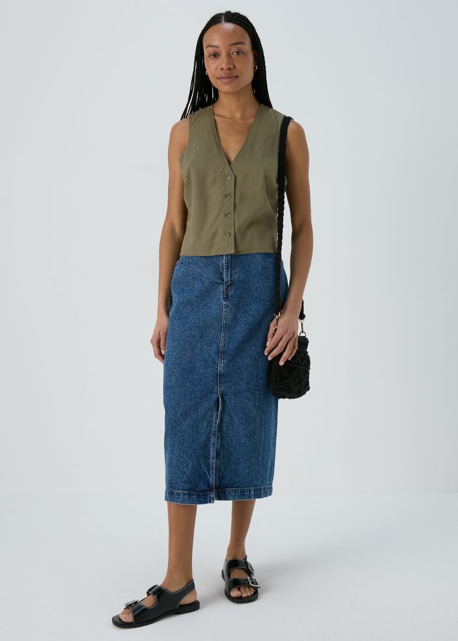 Khaki Solid Button Vest