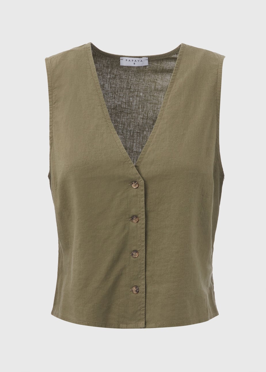 Khaki Solid Button Vest