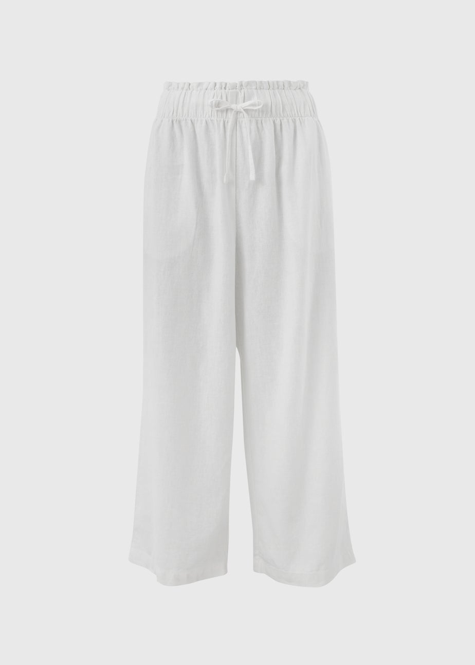 White Linen Wide Leg Crop Trousers